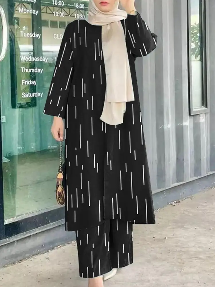 

ZANZEA Long Sleeve O-Neck Blusas Wide Leg Pants Muslim Women Print Matching Sets Holiday Party Elegant Turkey Abaya Kaftan Suit
