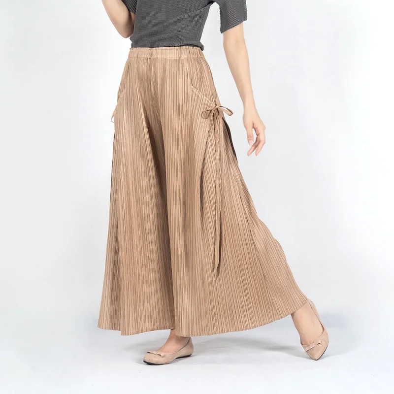 Pleated Miyake Women's Straight Fashion Lacing Elastic Waist Wide Leg Skirt Pants High Quality Brand Bottom Casual LOOSE