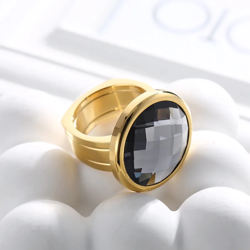 

Bohemia Large Round Statement Men Rings with Big Size White Grey Glass Stone for Women Male Stainless Steel Jewelry Party Gifts