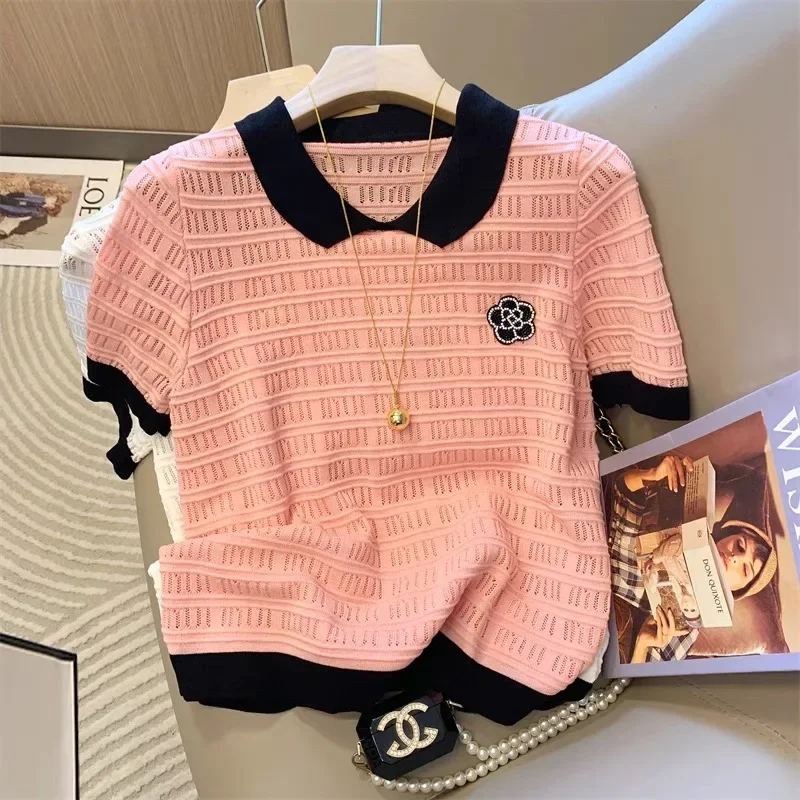 Женский винтажный свитер с коротким рукавом трикотажная футболка цветочным