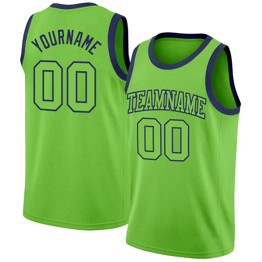 

Custom Neon Green Neon Green-Navy Authentic Personalized Basketball Shirts