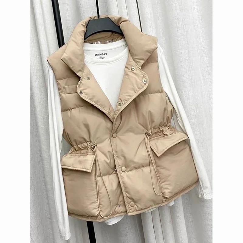 

Модный женский жилет Contton, весна 2023, короткий однобортный свободный однотонный жилет с воротником-стойкой без рукавов, Q407