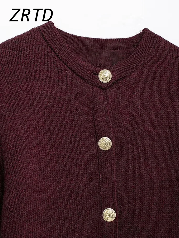 Винтажный женский вязаный бордовый кардиган с круглым вырезом однобортный