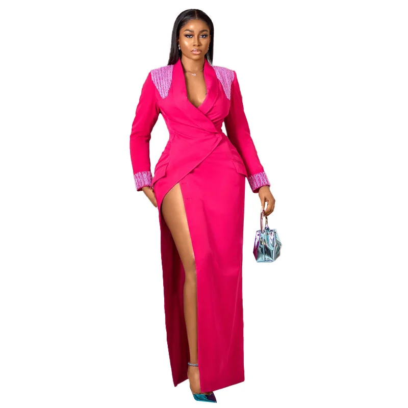 

African Split Dresses For Women Party Dashiki Clothing Spring Long Sleeve Rose Red Maxi Dress Robe Africaine Femme Clothes
