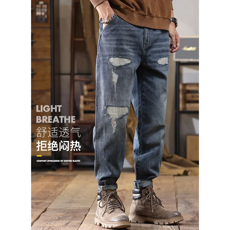 Men Clothing New Pattern Recreational Vintage Broken Patch Blue Jeans Straight Cylinder Loose Trousers Autumn and Winter Female