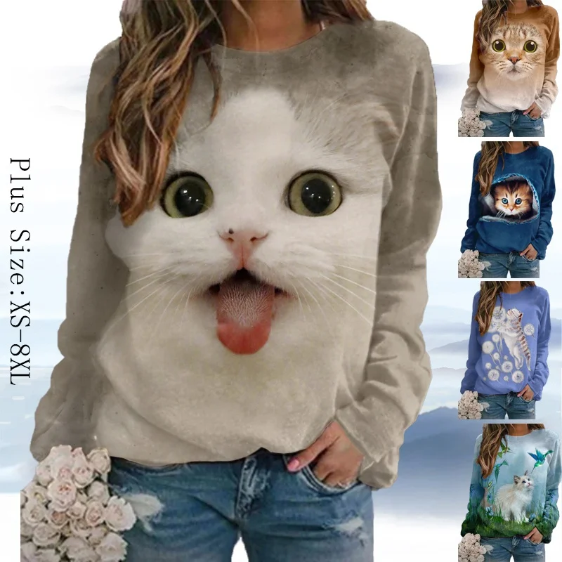 Women Autumn/Winter 2022 Cutie Print Cat Shirt Casual Long sleeve belted T-shirt shirt XS-3XL