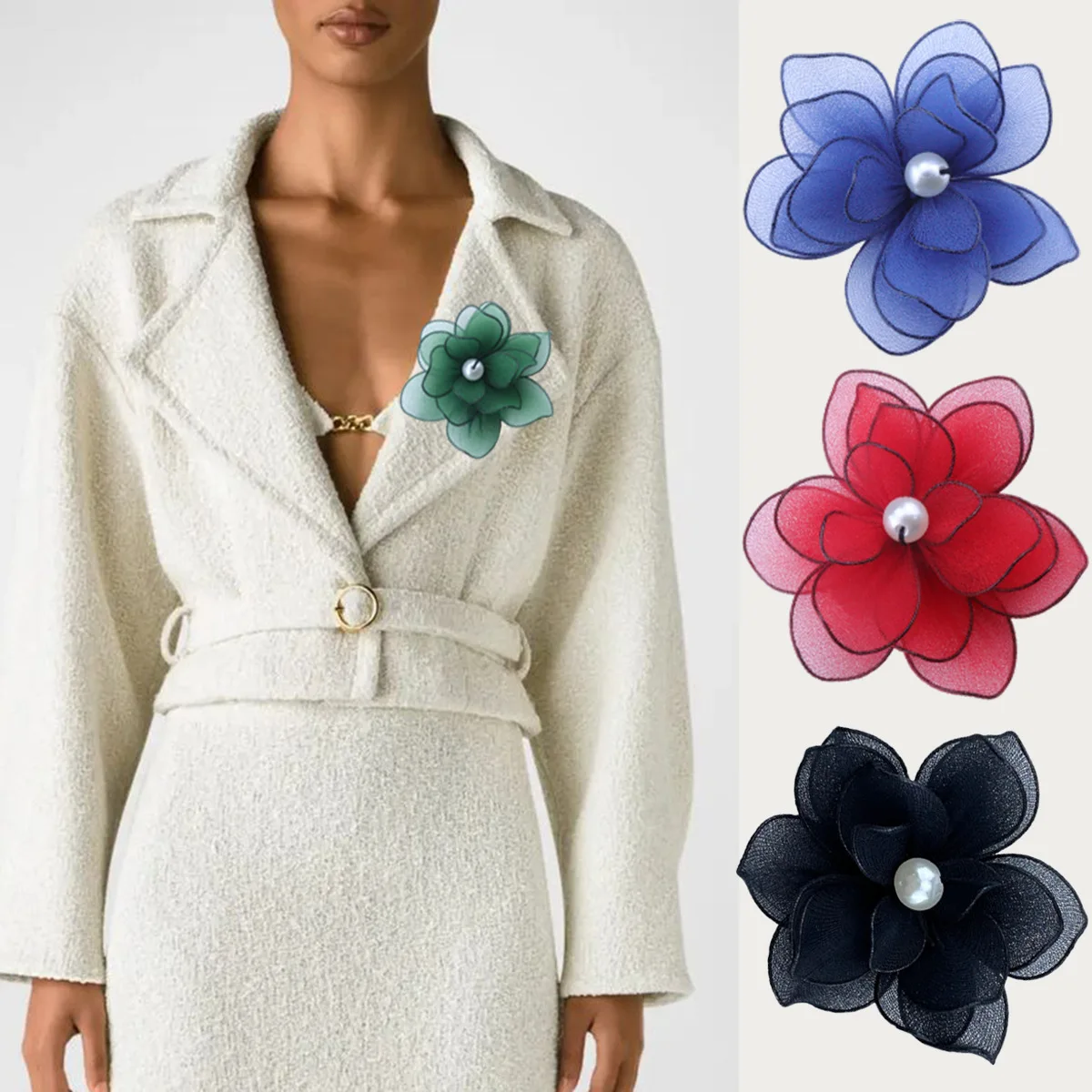 Трехмерная брошь с жемчугом 8 см и сеткой высококачественная в виде камелии