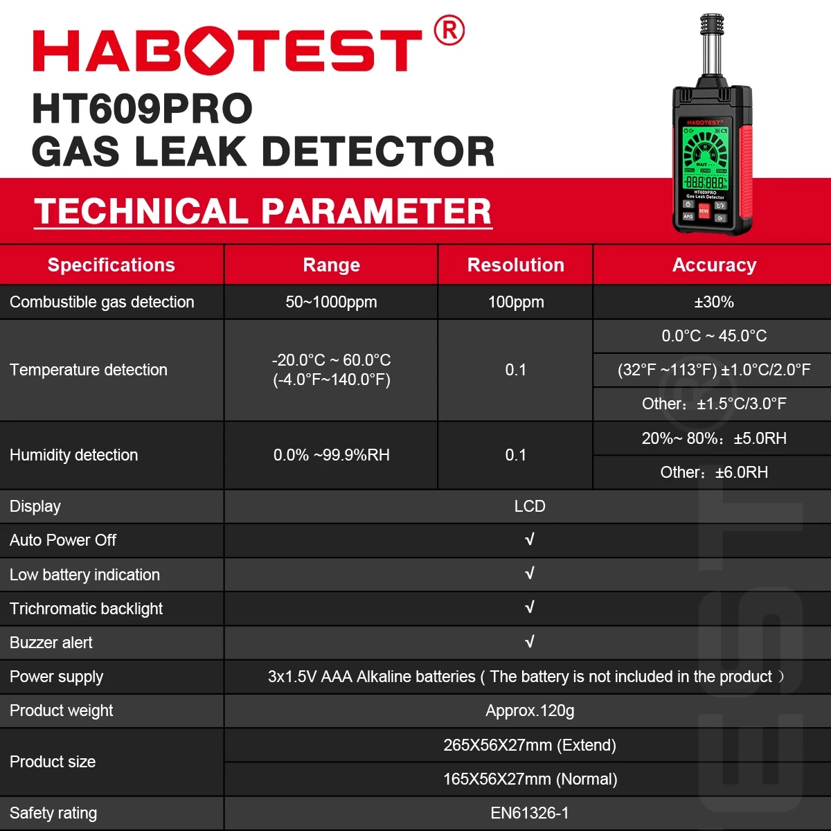 HABOTEST HT609 Pro Детектор природного газа Детектор утечки газа 0-1000PPM Звуковая и экранная сигнализация Детектор природного метана (art.: 3920d3387e6a9) - 3920d3387e6a9