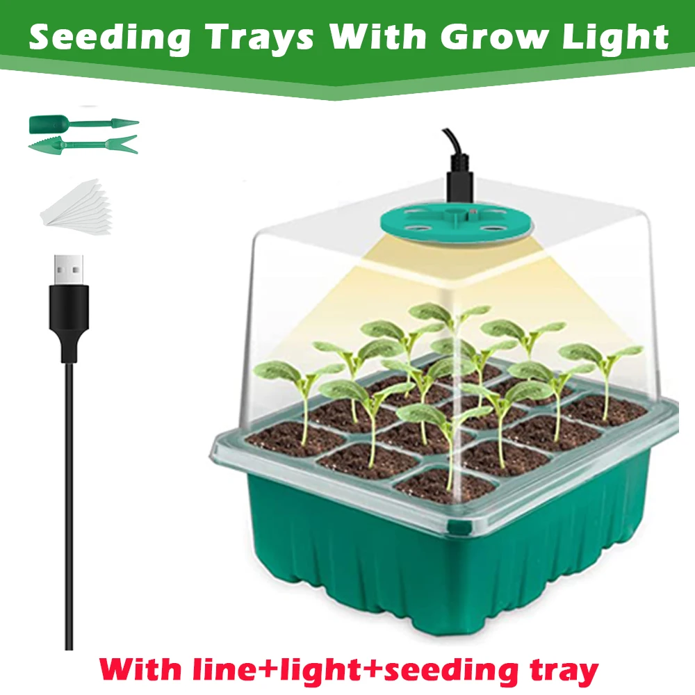 5 Pack Plant Seed Starter Trays Kit,Seedling Tray Starter with Grow Light Greenhouse Growing Trays with Holes 12 Cell Per Tray