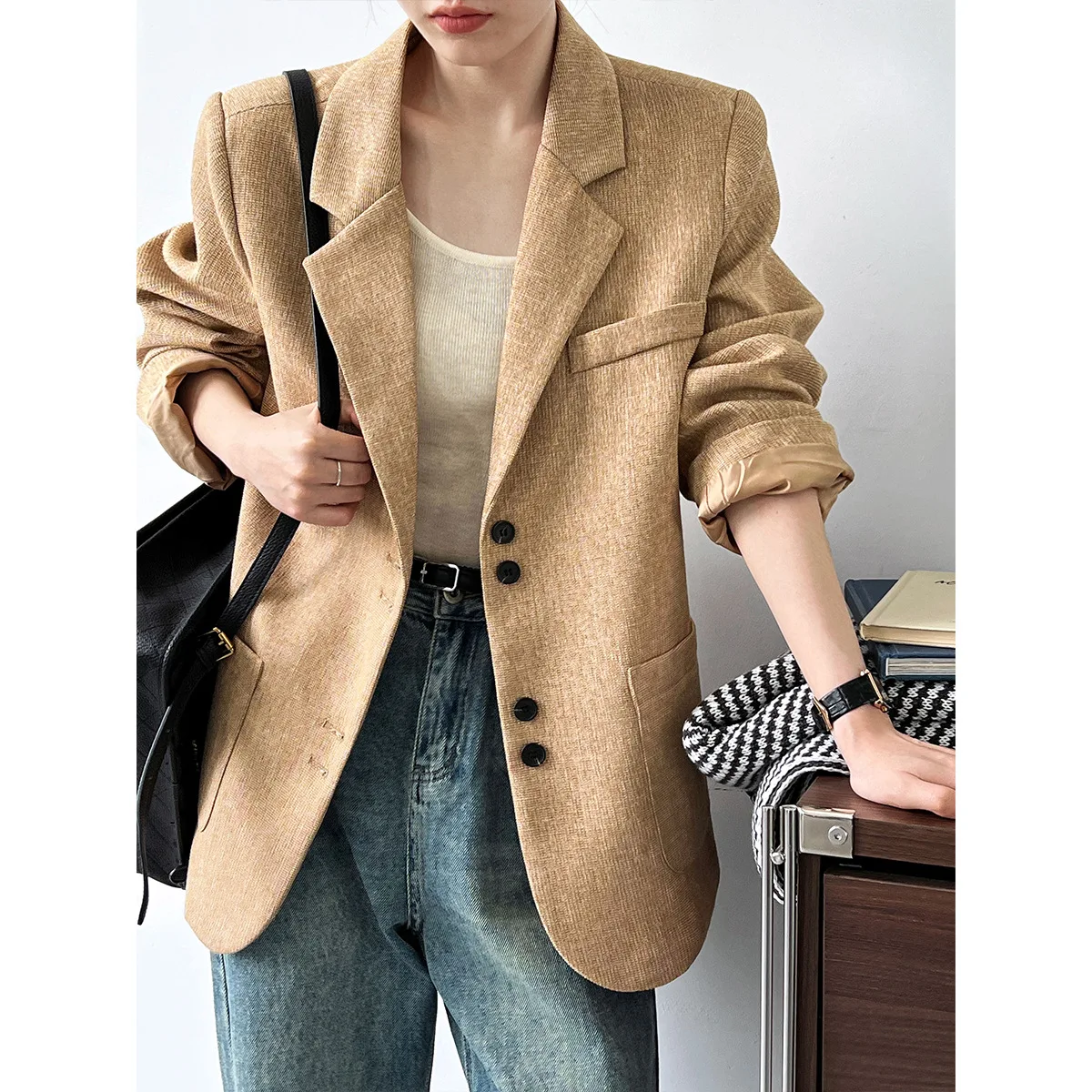 

Autumn and winter new Japanese style retro texture woven suit jacket women's high-end sense small fragrance commuter suit