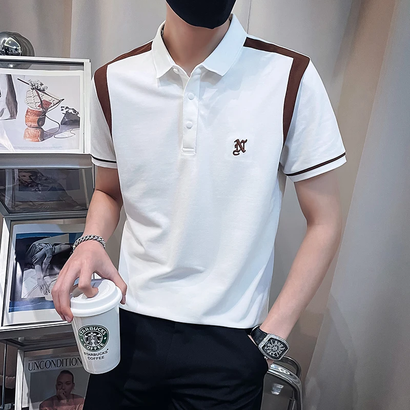 

2023 Fashion Spliced POLO Shirts Men Short Sleeve Slim Fit Casual T-shirts Men Clothing Business and Social Streetwear Lapel Top