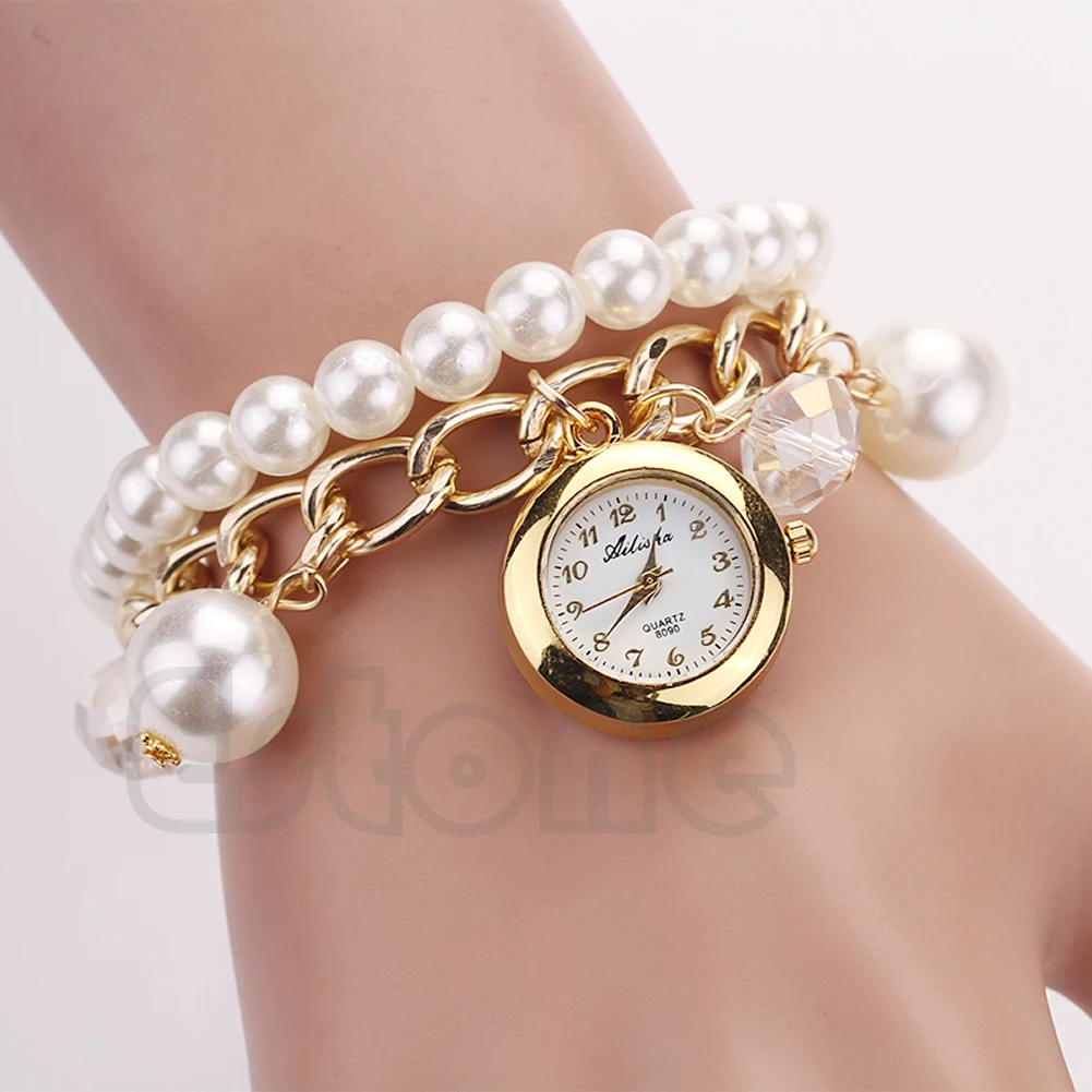 

Women Faux Pearl for rhinestone Chain Bracelet Round Dial Analog FASHION Wrist