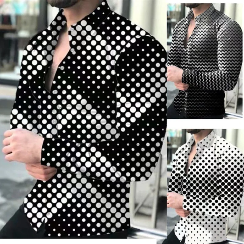 New Men's Lapel Printed Long Sleeve Shirt
