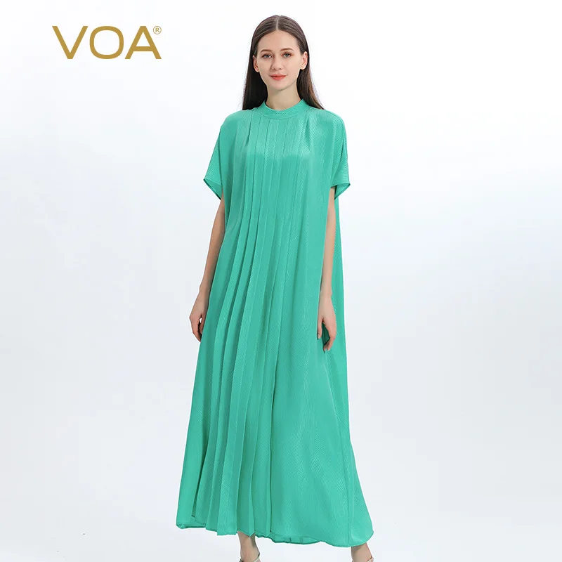 

(Fans Exclusive Discount) VOA Silk Short Sleeve Abaya Casual Loose Maxi Dress Green Dresses Women Arabic Robe Summer AE1218