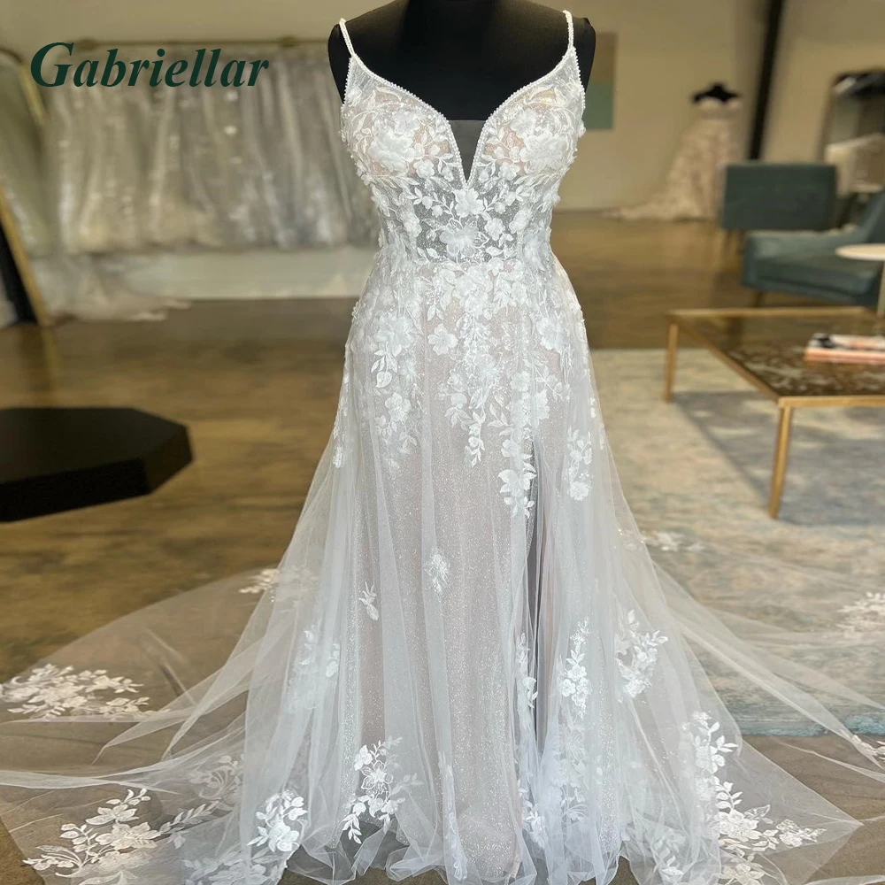 

Gabriellar Fancy V-neck Wedding Dress For Women Lace Appliques Glitter Tulle A-line Court Train Robe De Mariée Customized