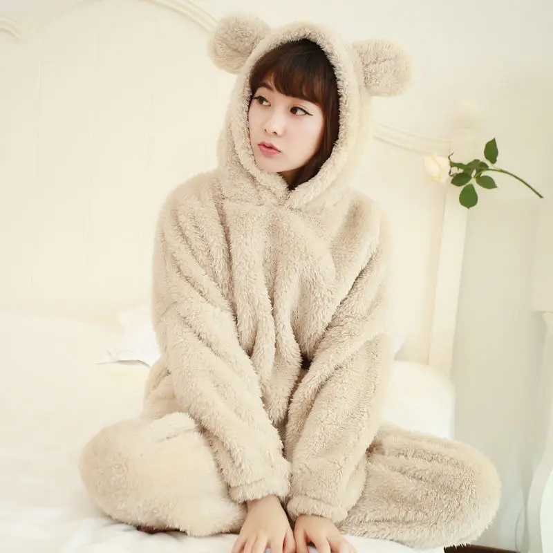 

Two Piece Winter Women Pyjamas Fluffy Thicken Flannel Pajama Sets Lovely Bear Hoodie Cute Pijama Long Nightgown Sleepwear