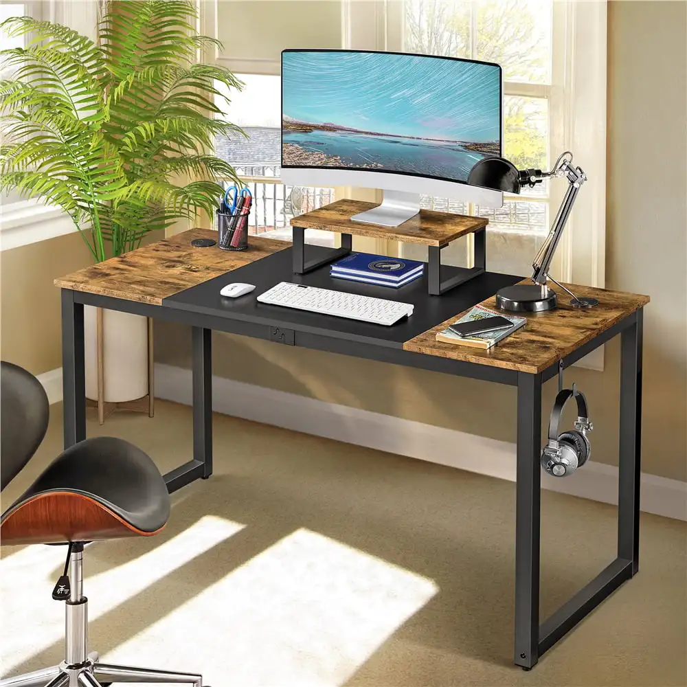 

Industrial Computer Desk with Monitor Stand, Rustic Brown/Black Folding PC Computer Desk Computer Table