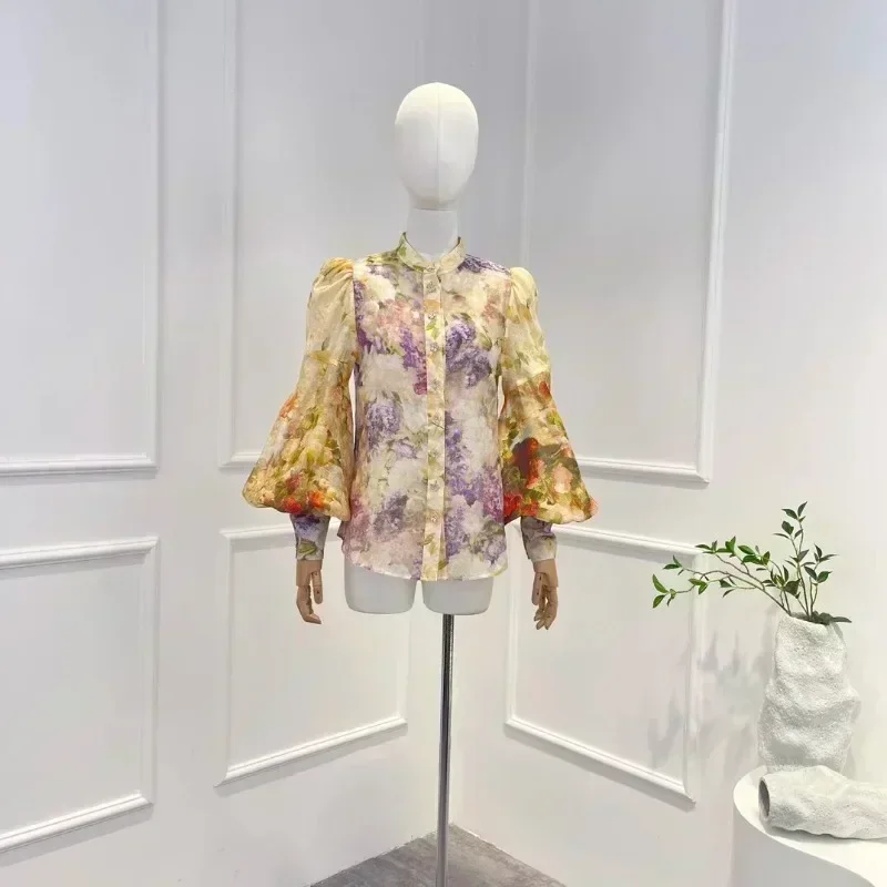 

High Quality Linen Silk Floral Printing Vintage Elegant Long Lantern Sleeve Buttons Blouse 2023 New Woman Clothes