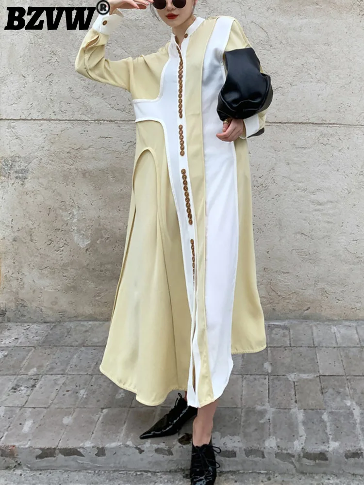 

BZVW Patchwork Contrast Color Fashion Dresses For Women Long Sleeve Split Summer Holiday Thin Robe Dress Female 2023 New 25Y0926