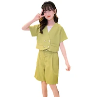 summer girls 2pcs set teenage suit short sleeve double breasted jacketshorts kids streetwear fashion korean outfits 5 to 14yrs