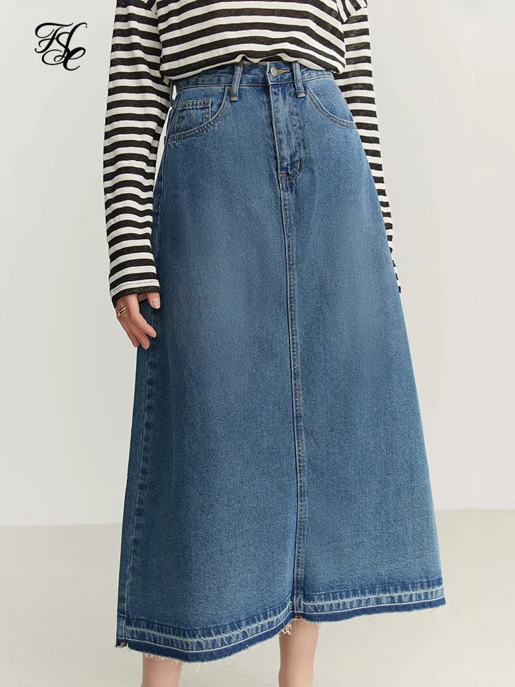 

FSLE Design Sense Casual Fashion Washed Denim Skirt Women Summer 2022 New High Waist Commute All-match Female Long Skirts