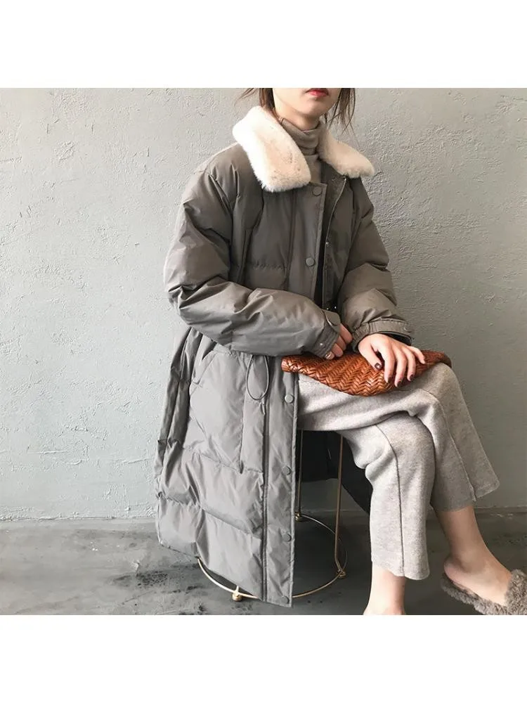 2022 Winter Sustans-Padded Thick Black Long Parkas Jackets Women Imitation Rabbit Fur Collar Loose Warm Bread Coats