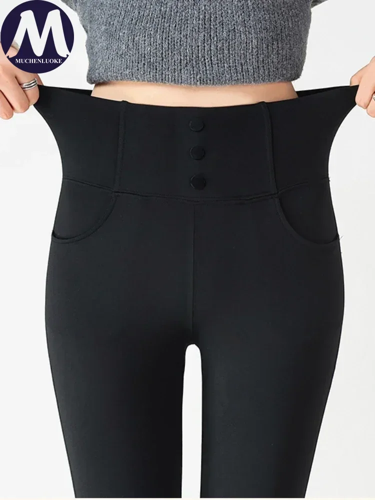 Черные леггинсы с карманами для женщин одежда теплые бархатные осенние