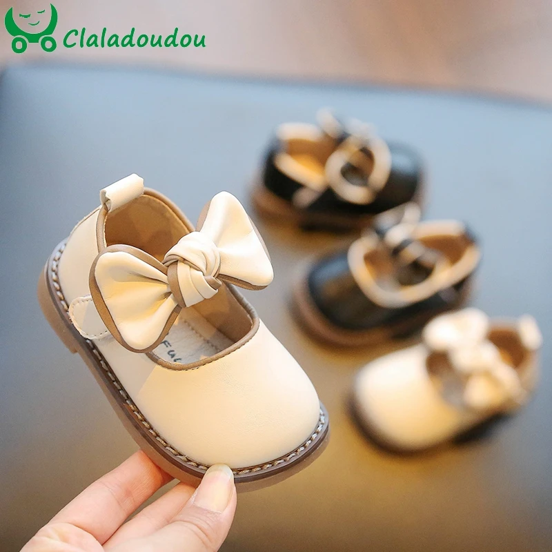 

2023 New Girls Spring Flats Shoes With Cute Bowtie-knot,Solid Beige Black Round Toe Dress Shoes For 0-6years Old Kids Woman