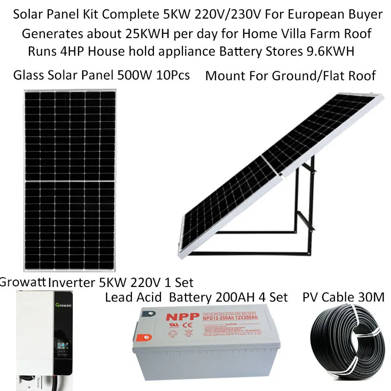 Solar System For Home Complete Kit 5000w Watt 5KW PV Panel 500W Growatt Hybrid Inverte Lead Acid Battery Rooftop Ground Mount