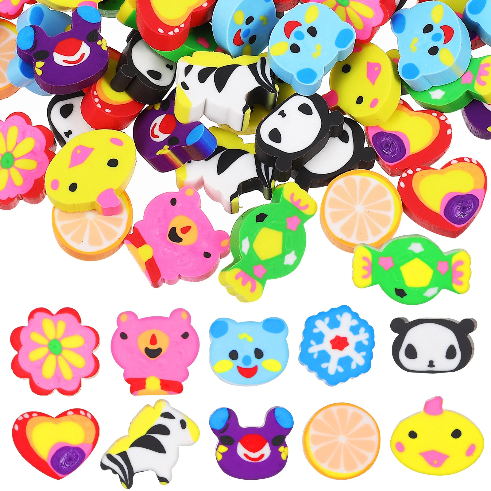 

100 Pcs Cartoon Erasers for Kids Small Animal Fruit Flower Shape Erasers Classroom Prizes Treasure Box Toys School Supplies