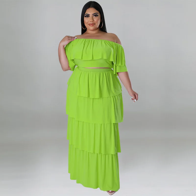 

Plus Size Sets Sexy Womans Solid Color Off Shoulder Top Pleated Tiered Dress Two Piece Set Outfits