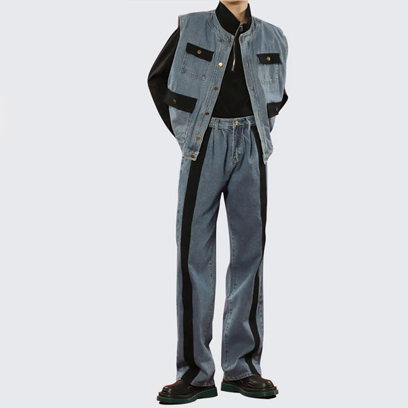 Men's Sets Cargo Denim 2 Piece Patchwear Straight Jeans Pants + Sleeveless Vests Casual Korean Streetwear Hip Hop Suit Spring images - 6