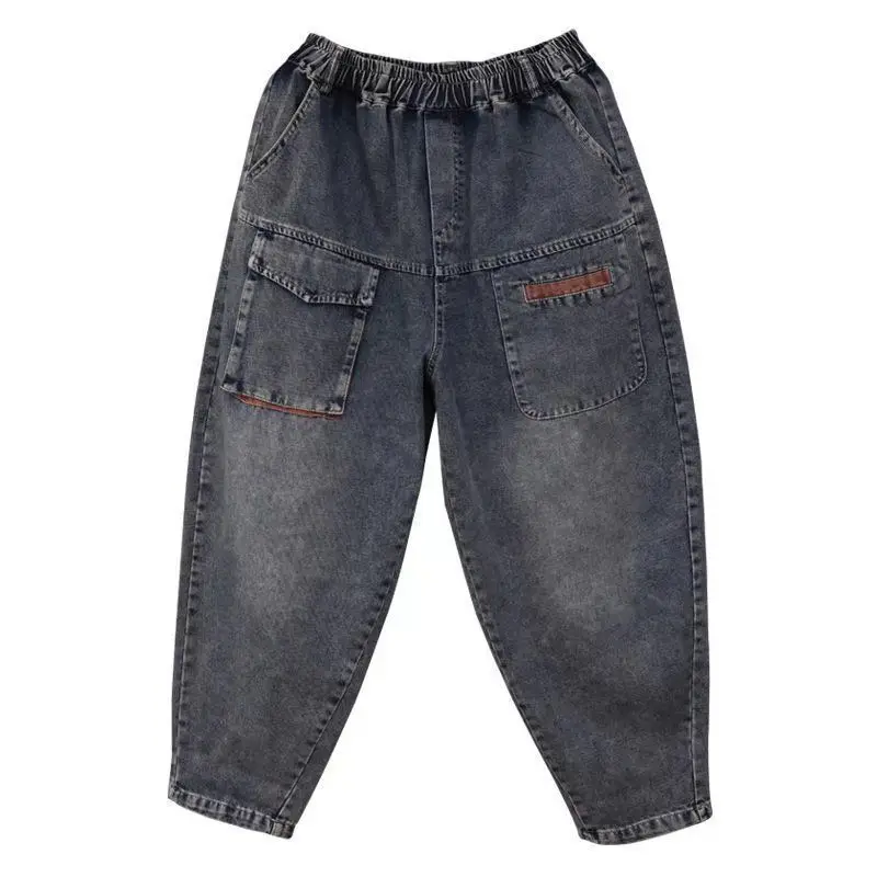 New Women High Waist Jeans Fashion Multi-pocket Nine-quarter Trousers Wide Leg Harem Trousers Loose Elasticated Waist