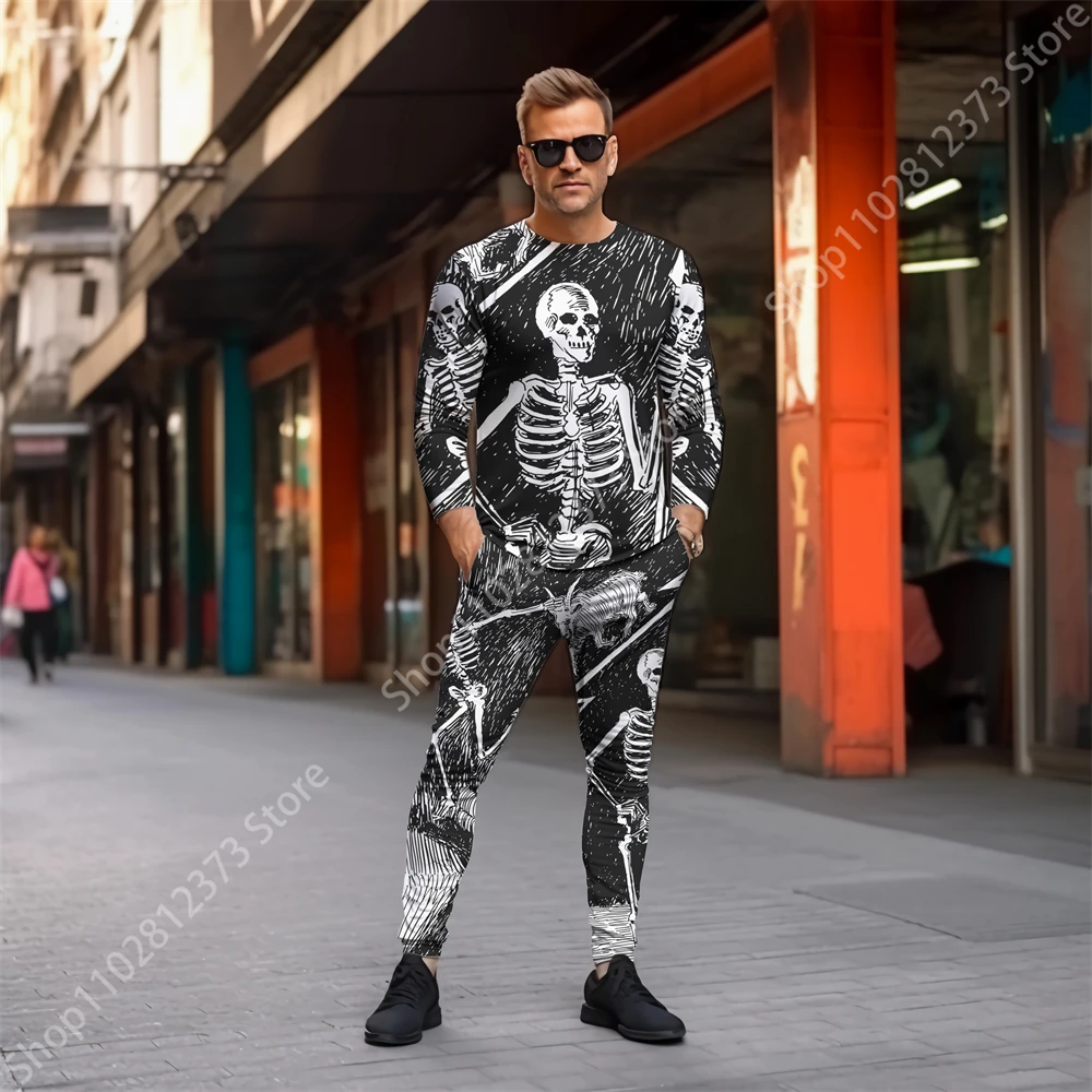 2023 Man Tracksuit Sets Fashion Men's Long Sleeve T-shirts Two Piece Set 3D Retro Skull Printing Casual Streetwear Men Clothing