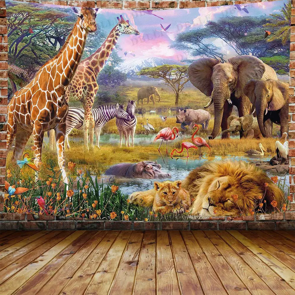 

African Safari Scenic Landscape Tapestry Giraffe Elephant Leopard Background Tapestry Forest Grassland for Bedroom Decorations