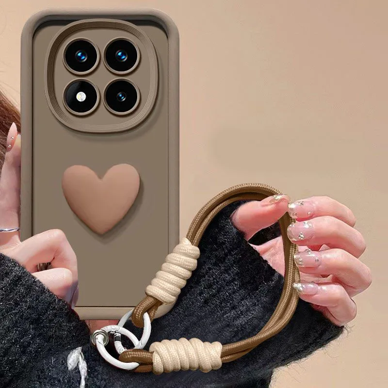 Для Redmi Note 15 Pro Plus, Note 14 Pro, Note 13: чехол с ремешком на запястье, 3D-сердечком, ремешком на руку, задняя крышка из жидкого силикона. (art.: 3920dcff00ff7) - 3920dcff00ff7