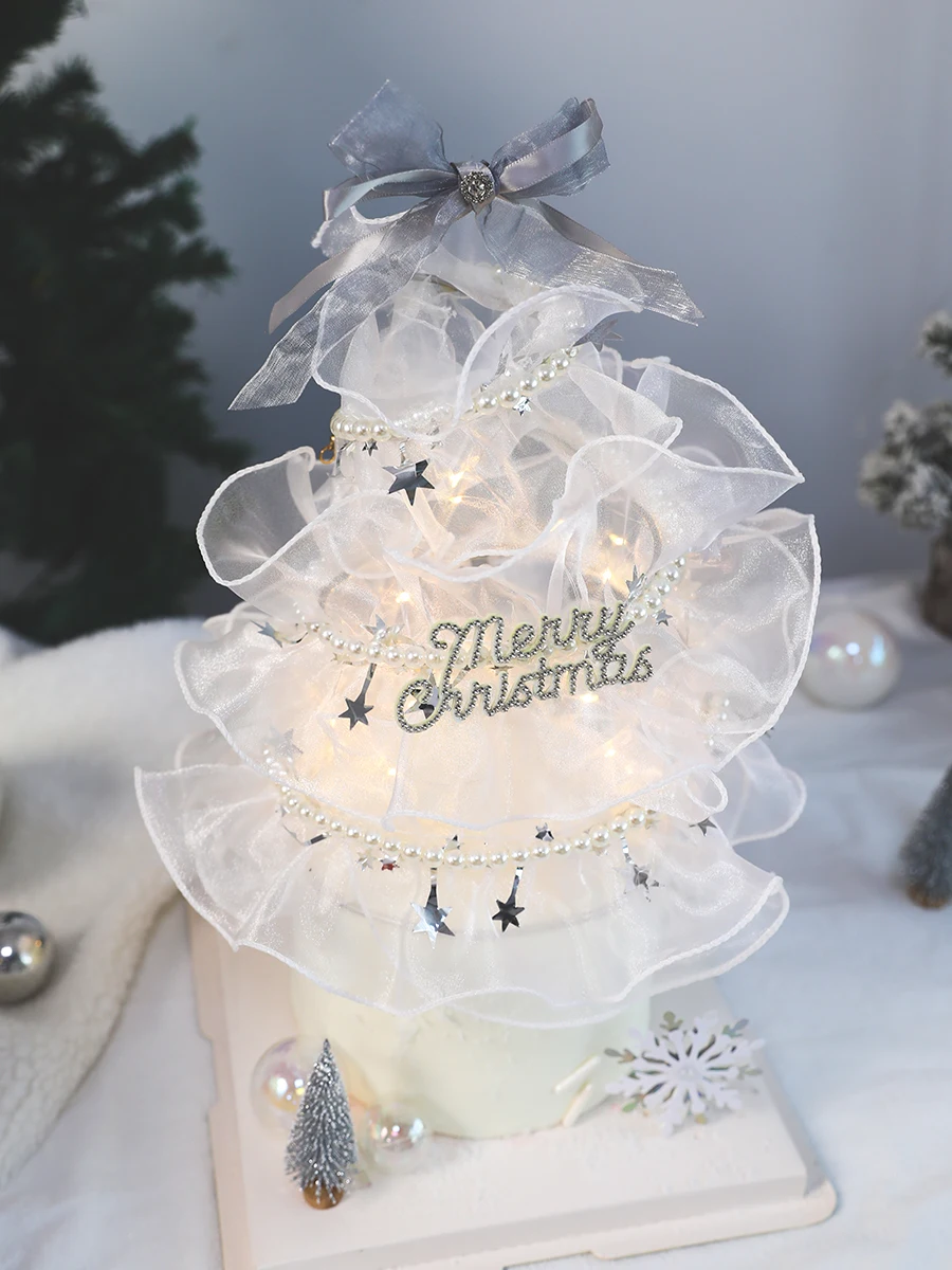 

Happy Birthday Cake Topper Decoration Pearl White Yarn Bowknot Star Snowflake Christmas Tree Silver Ball PlugIn Baking Supplies