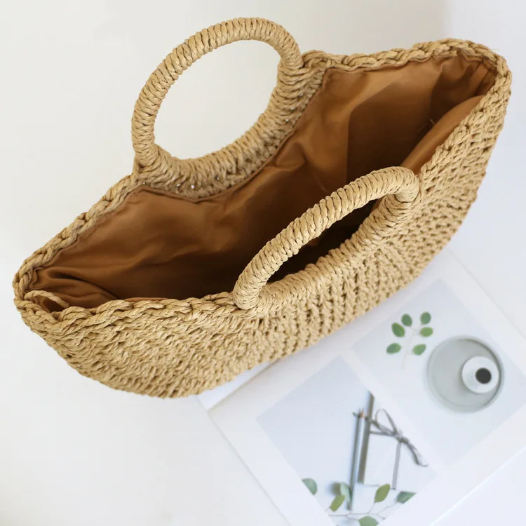 Celela Summer Large Capacity Straw Shoulder Bag Rattan Beach Bags Bohemian Summer Vacation Casual Bags Moon Shaped Top Handle