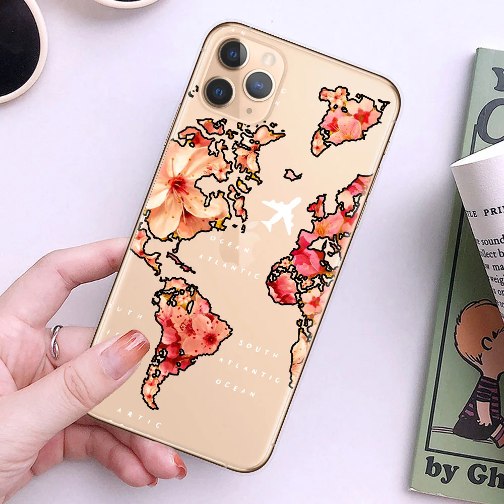 World Map Travel Soft TPU Phone Cases For iPhone 14 13 12 Pro XS Max XR 7 8 Plus Plane Cover For iPhone 11 SE2020 Coque