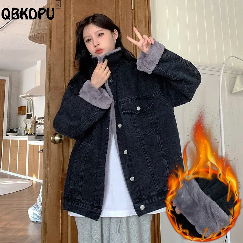 

Trendy Loose Winter Warm Jean Jackets Plus Velvet Women Denim Chaquetas Streetwear Plush Oversize Coats Super Thick Outerwear