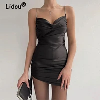 women drawstring pleated summer sexy chain sling dress new solid slim fashion female party club bag hip short mini dresses 2022