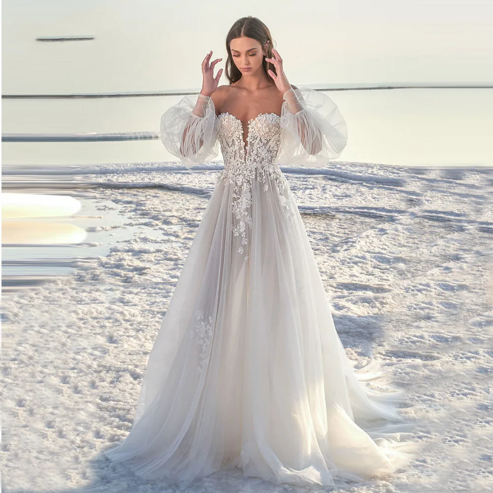 

New Line Silk Tulle Wedding Dress Long Puff Sleeve Floral Applique 2022 Bride Dress Beach Off Shoulder Sexy Vestido Longo Branco