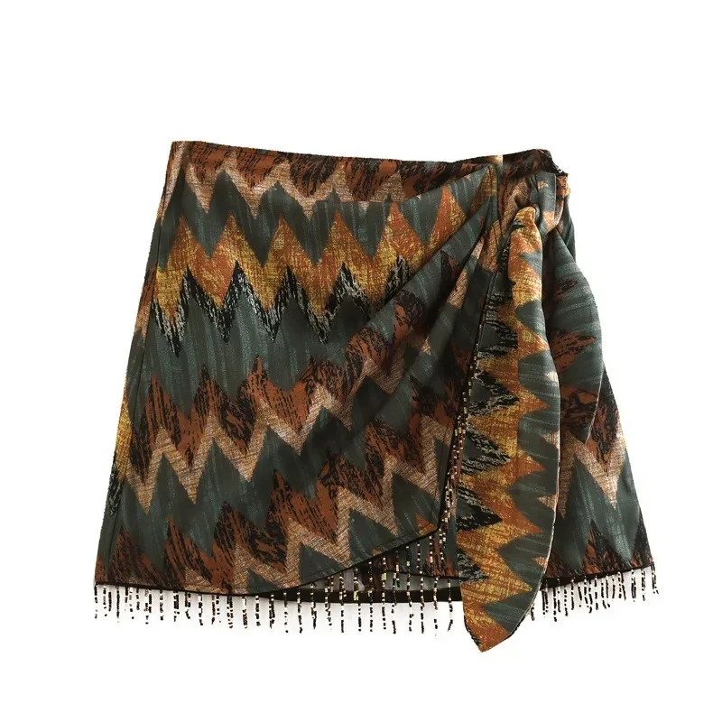 2022 New Vintage Geometric Print Mini Skirt Knotted Sarong Beaded Fringe Wrap Vestidos Casual Zip Short Skort Mujer