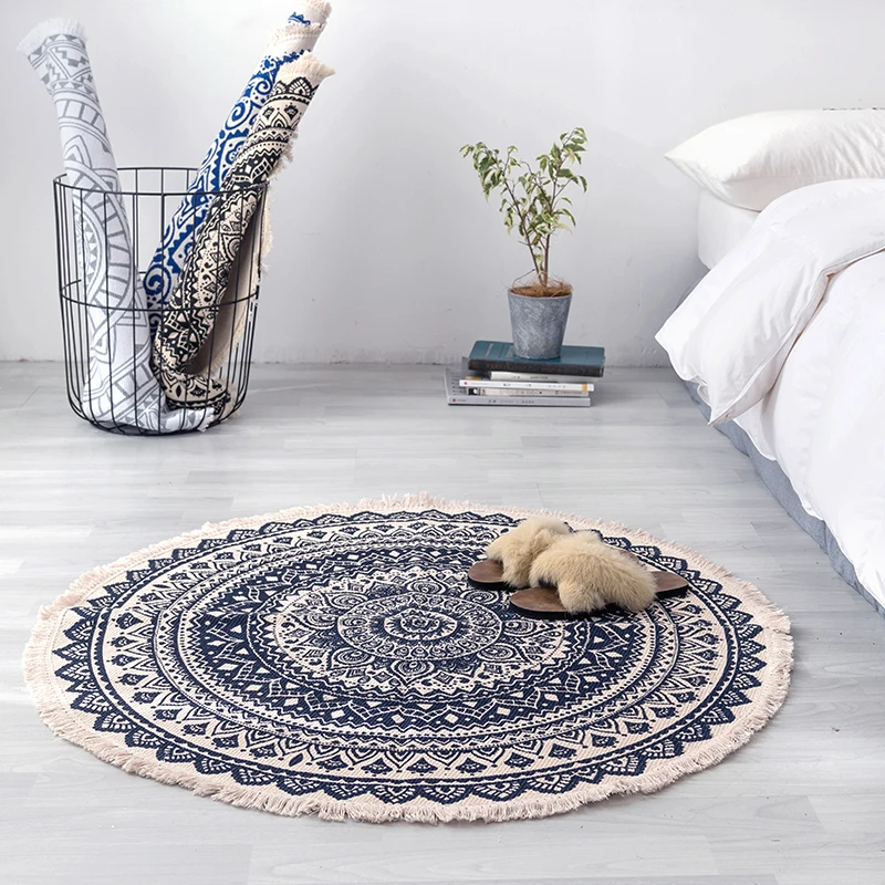

Hand Woven Cotton Linen Carpet Retro Bohemian Round Bedside Geometric Floor Mat Living Room Home Decor Boho Mandala Tassel Rug