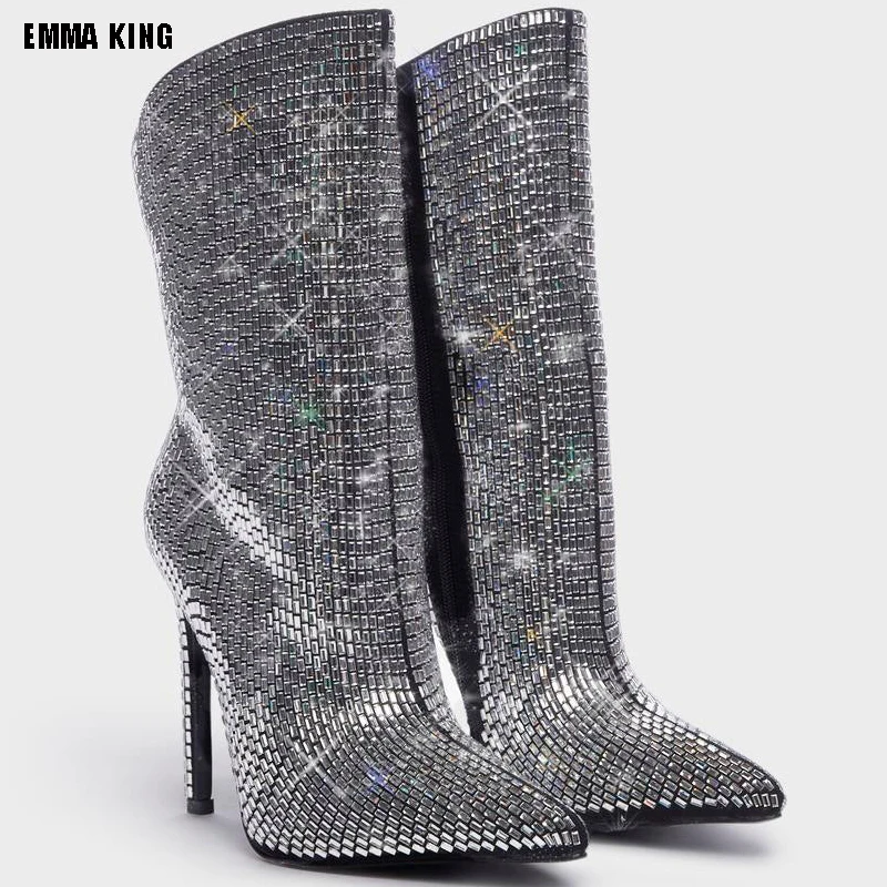 

Женские сапоги, сексуальные ковбойские сапоги с острым носком, сапоги до середины икры, закрытые сапоги с заклепками в стиле панк, женские сапоги на тонком высоком каблуке 44