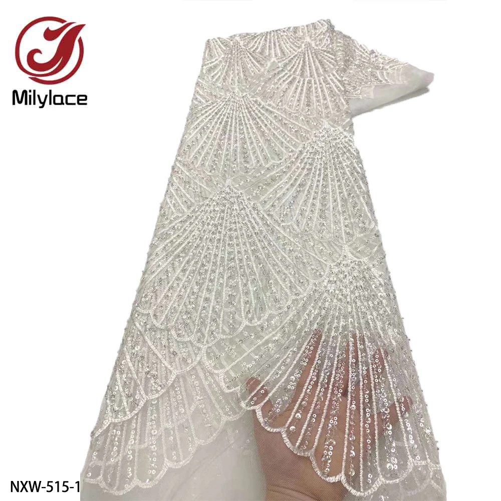 

French Tulle Sequins Lace Fabric 5Yards 2022 High Quality Nigerian Beaded Lace Fabric African Lace Fabric for Wedding NXW-515