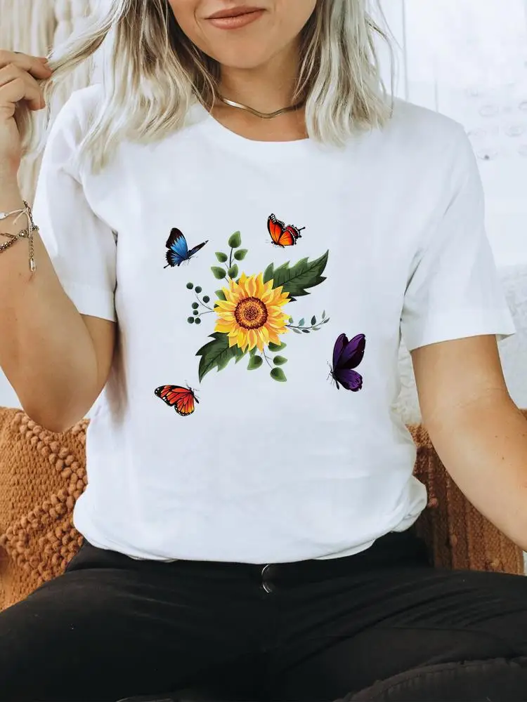 

Flower Floral Butterfly Trend Women Fashion Short Sleeve Female Tee Graphic T Shirt Top Casual Clothing Summer Print T-shirt