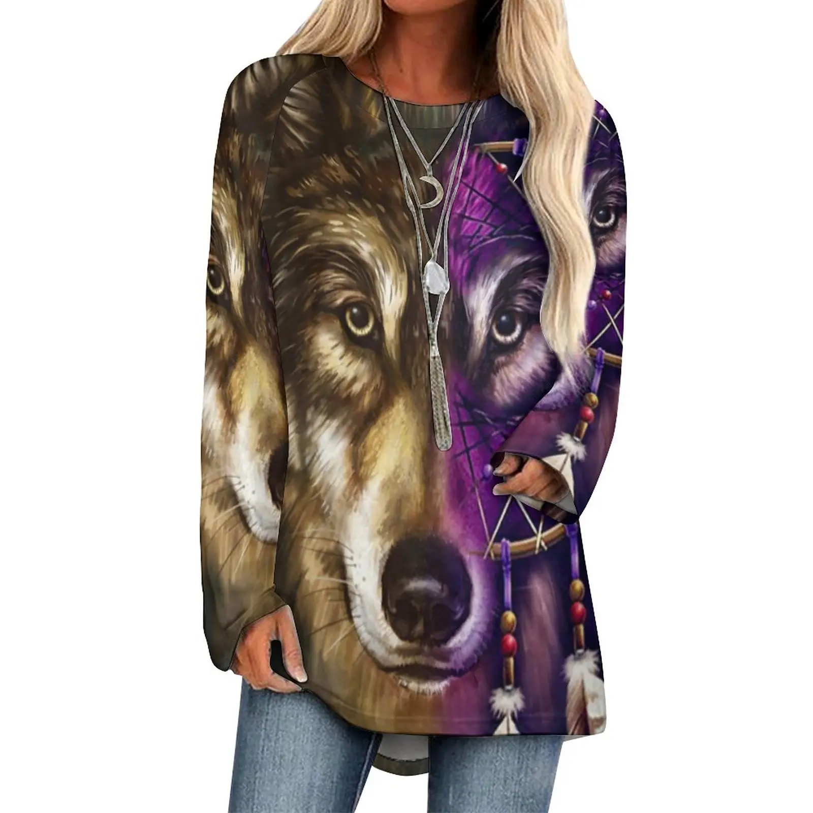

American Wolf T-Shirts Native Art Casual Long-Sleeve T Shirt Trendy Custom Tees Female Clothing Large Size