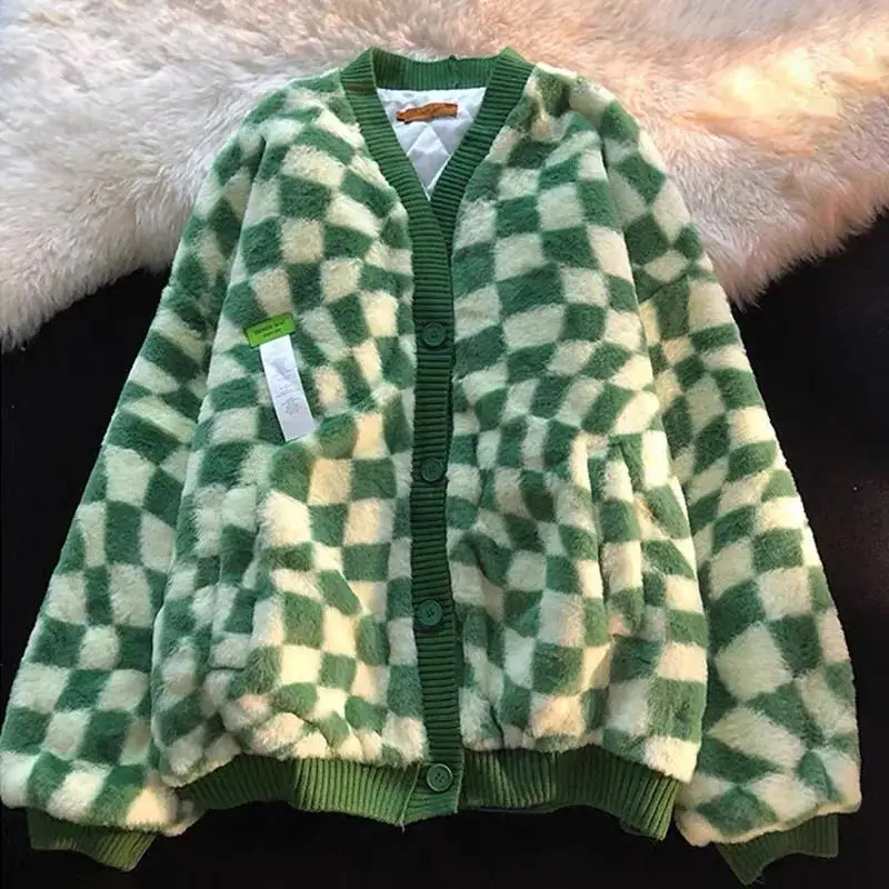 

Baseball Cotton Padded Jacket Women Coat Autumn Winter Checkerboard Loose Thick Cotton Lambhair Quilted Coats Parka Overcoats