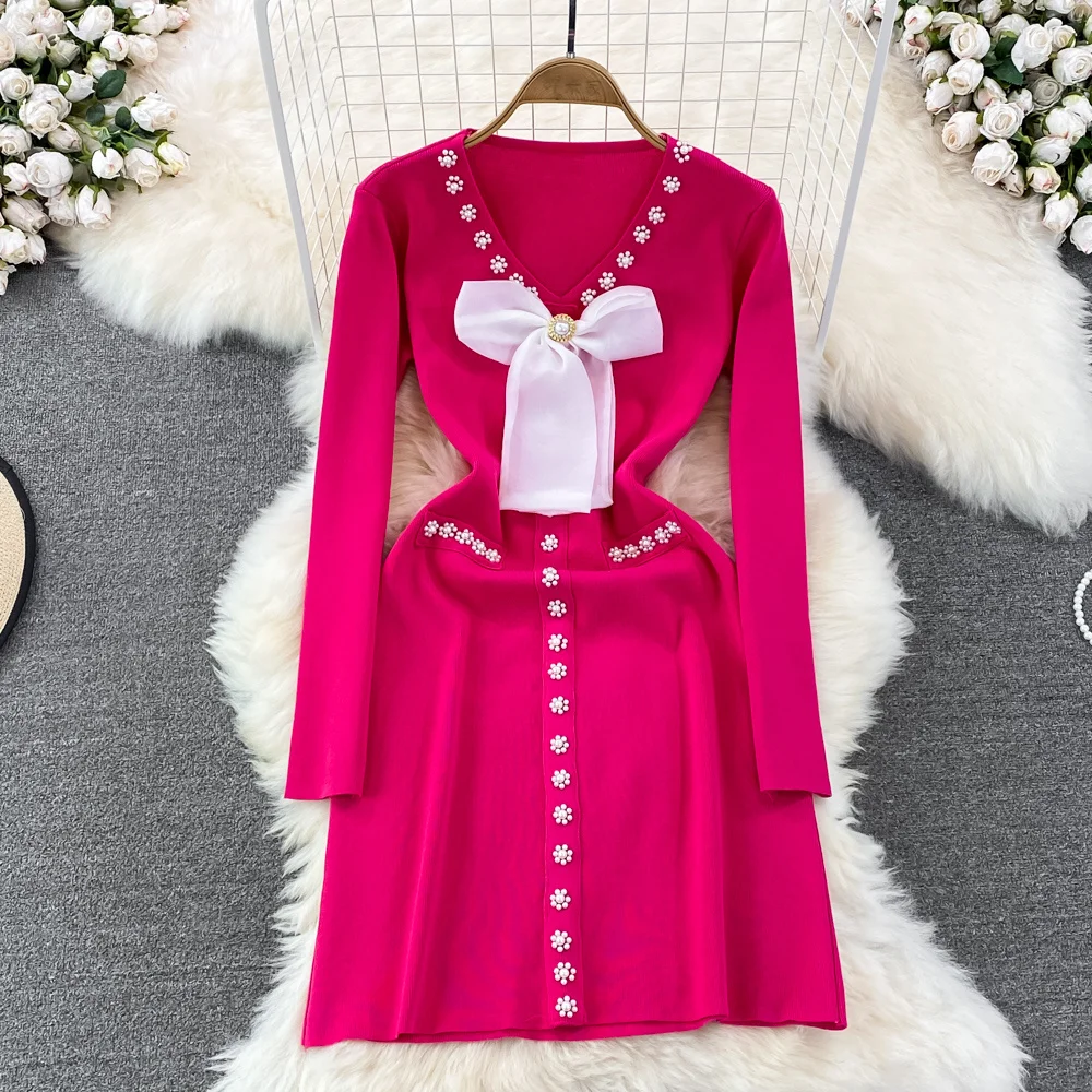 

Осенне-зимние теплые вязаные платья-свитеры, французская винтажная одежда с длинным рукавом, жемчужными бусинами, бантом и V-образным вырезом, одежда с длинным рукавом, платья